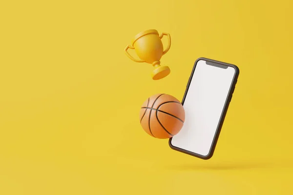 Мобильный Телефон Белым Экраном Баскетбол Золотая Чашка Летают Желтом Фоне — стоковое фото