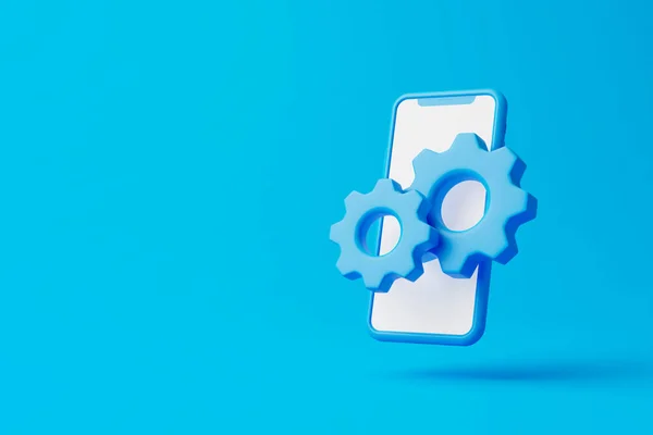 コピースペースと青の背景に白い画面のスマートフォンとギアアイコン 3Dレンダリング図 — ストック写真