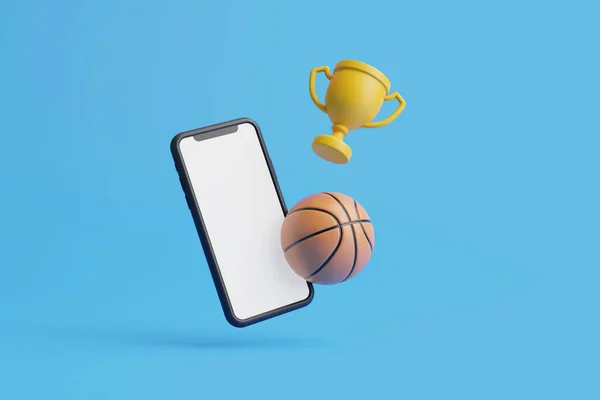 Мобильный Телефон Белым Экраном Баскетбол Золотая Чашка Летают Синем Фоне — стоковое фото