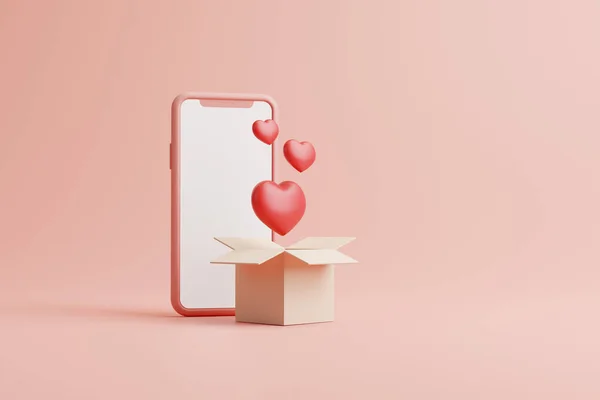 携帯電話の白い画面と箱の心のパステルの背景に 3Dレンダリング図 — ストック写真