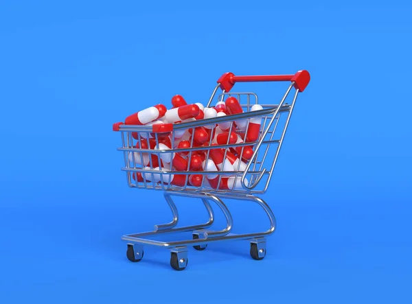 コピースペースと青の背景に金属ショッピングカートで赤白の丸薬のヒープ 医学の概念 最小限の抽象概念 3Dレンダリング図 — ストック写真