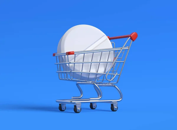 青の背景にショッピングカートで大きな白い錠剤 錠剤とカプセル付きのショッピングトロリー 薬の概念 3Dレンダリング図 — ストック写真