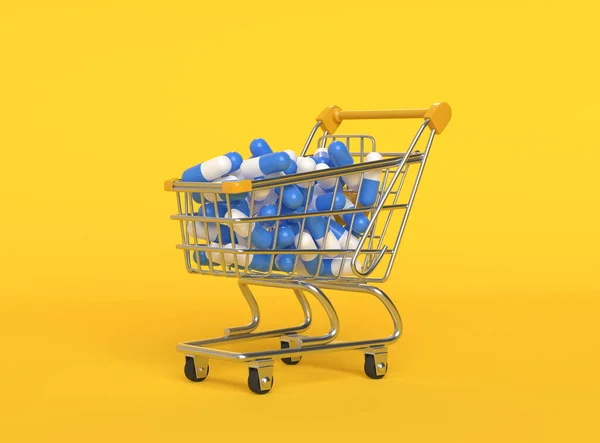 コピースペースと黄色の背景に金属ショッピングカートで青白の錠剤のヒープ 医学の概念 最小限の抽象概念 3Dレンダリング図 — ストック写真