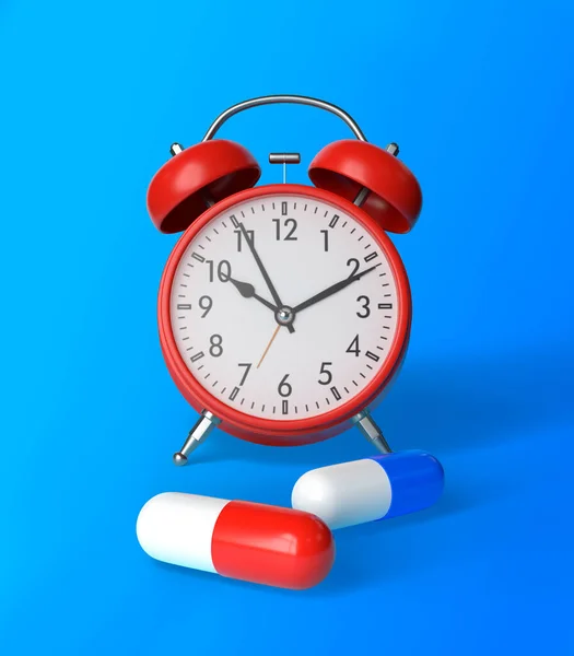 Pílulas Comprimidos Cápsulas Despertador Vermelho Fundo Azul Conceitos Medicina Conceito — Fotografia de Stock