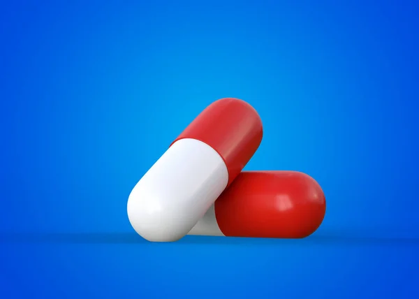 Duas Cápsulas Comprimidos Vermelhos Brancos Fundo Azul Tratamento Médico Farmacêutico — Fotografia de Stock