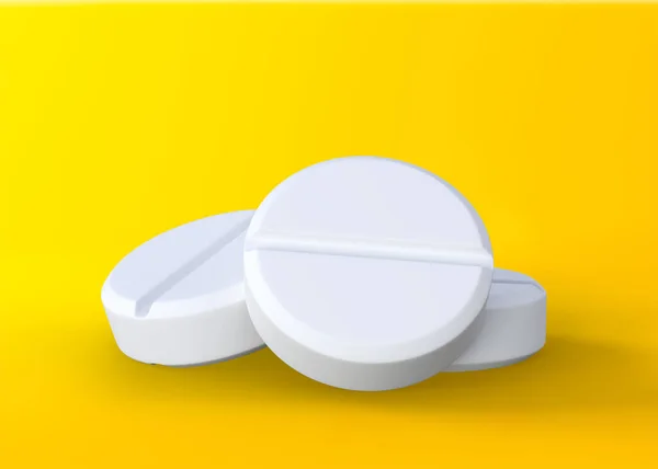 黄色の背景に3つの白い錠剤 医薬品や薬の概念 3Dレンダリング図 — ストック写真