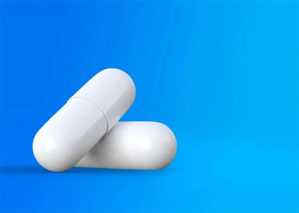 青い背景の2つの白い丸薬カプセル 医薬品または薬の概念 3Dレンダリング図 — ストック写真