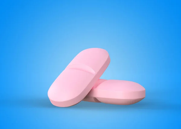 Dois Comprimidos Cor Rosa Sobre Fundo Azul Tratamento Médico Farmacêutico — Fotografia de Stock