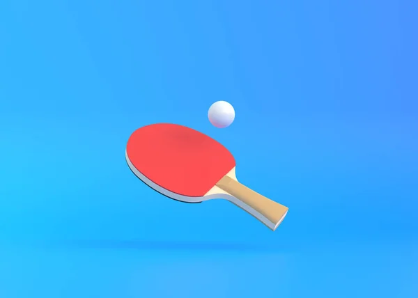 青い背景に白いボールを持つ卓球のための赤いラケット ピンポンスポーツ用品 最小限の創造的な概念 3Dレンダリング図 — ストック写真