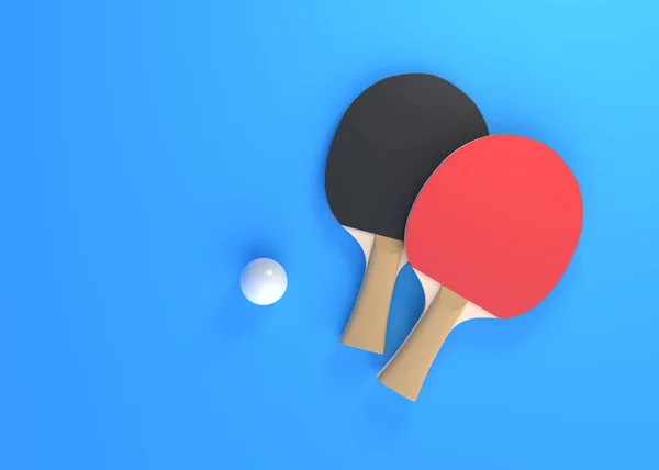 青い背景に白いボールを持つ卓球のための赤と黒のラケット ピンポンスポーツ用品 最小限の創造的な概念 3Dレンダリング図 — ストック写真