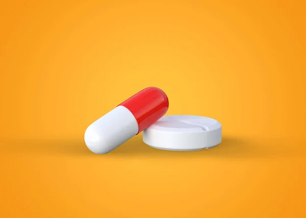 黄色の背景に薬の薬の薬 錠剤やカプセルのペア 医学の概念 最小限の抽象概念 3Dレンダリング図 — ストック写真