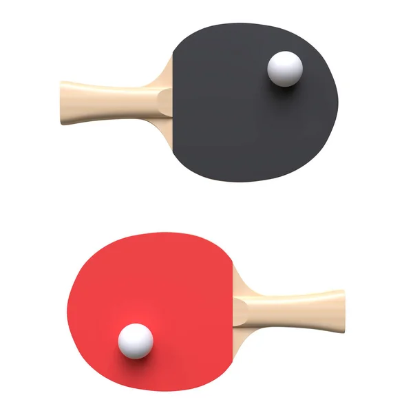 白の背景に白いボールが隔離された卓球用の赤と黒のラケット ピンポンスポーツ用品 最小限の創造的な概念 3Dレンダリング図 — ストック写真