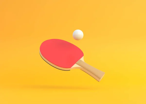 Red racket for table tennis with white ball on yellow background. Ping pong sports equipment. Minimal creative concept. 3d rendering illustration