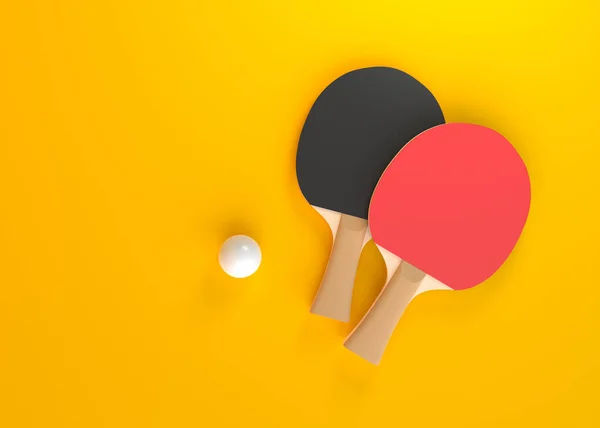乒乓球用红黑相间的球拍 黄底白球 乒乓球运动器材 最小的创意概念 3D渲染说明 — 图库照片