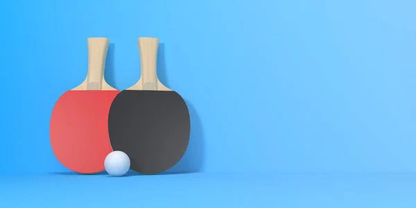 コピースペースのある青の背景にボール付きの2つのテーブルテニスラケット 正面図 創造的な最小限の概念 3Dレンダリング図 — ストック写真