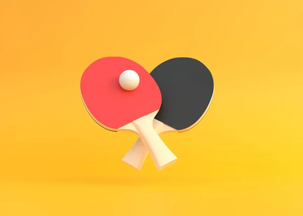 黄色の背景に白いボールと卓球のための赤と黒のラケット ピンポンスポーツ用品 最小限の創造的な概念 3Dレンダリング図 — ストック写真