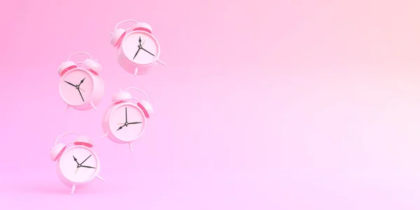 Reloj Despertador Mesa Rosa Cayendo Suelo Con Fondo Rosa Brillante — Foto de Stock