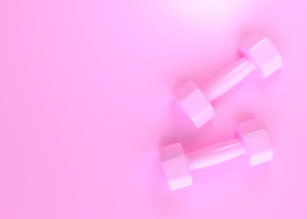 フィットネスダンベルペア ピンクの背景に2つのピンクの色のゴムまたはプラスチックコーティングされたダンベルの重み トレーニングワークアウト機器 スポーツや練習 痩せてる 3Dレンダリング図 — ストック写真