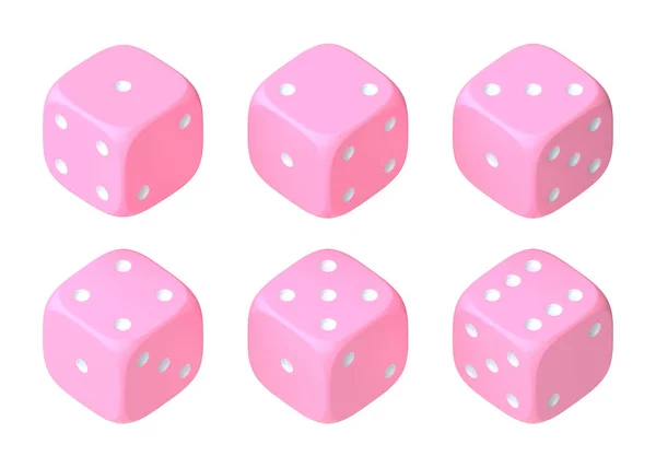 一套六枚粉色骰子 白色圆点呈半圆形 显示不同的数字 幸运骰子滚骰子棋盘游戏赌钱3D渲染说明 — 图库照片