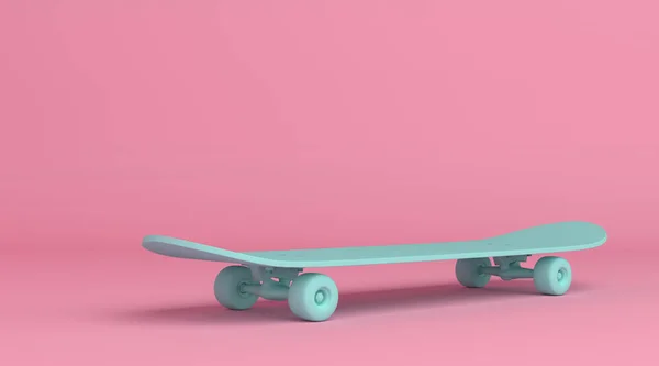 パステルカラーの明るいピンクの背景にアクアマリンスケートボード 最小限の概念 3Dレンダリング図 — ストック写真