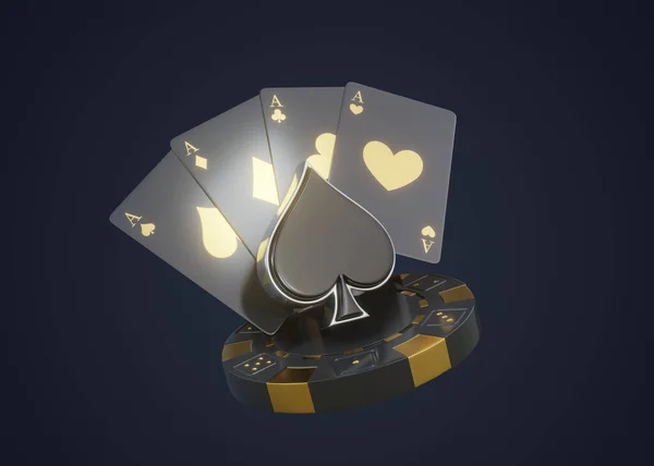 Play card icon, spades symbol, play card symbols, poker chip, dices and ace with golden metal isolated on the dark background. Casino game gambling concept. 3d render, 3d illustration