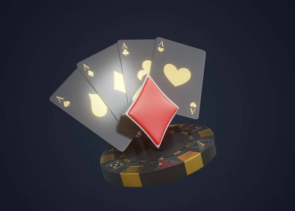 暗い背景に隔離された黄金の金属とトランプアイコン ダイヤモンドシンボル トランプシンボル ポーカーチップ デバイスやエースを再生します カジノゲームギャンブルの概念 3Dレンダリング 3Dイラスト — ストック写真