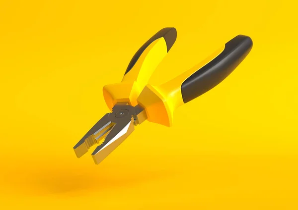 黄黑色钳子在黄色背景上隔离 修理和安装工具 3D渲染说明 — 图库照片