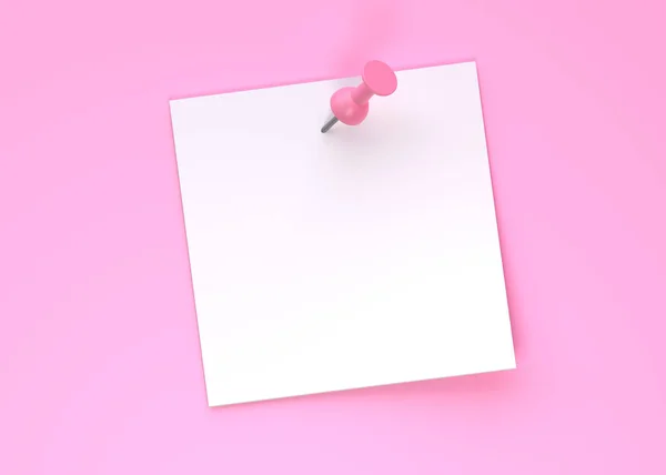 ピンクのパステルカラーの壁の背景にピンクのプッシュピンが隔離されたブランクホワイトノートペーパー 最小限のコンセプト 3Dレンダリング3Dイラスト — ストック写真