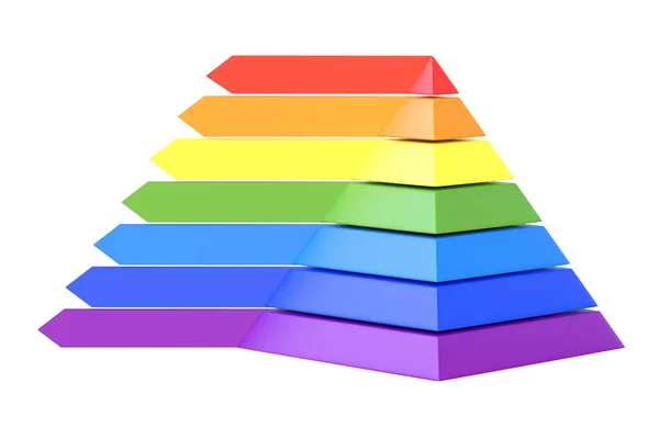 金字塔箭头信息图形 三角形图形演示 共济会金字塔被分割成七种不同的颜色 心理学家亚伯拉罕 马斯洛的等级 3D渲染说明 — 图库照片