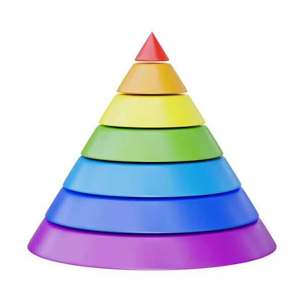 在白色背景上孤立的彩色层状圆锥 共济会金字塔被分割成七种不同的颜色 心理学家亚伯拉罕 马斯洛的等级 3D渲染3D示例 — 图库照片