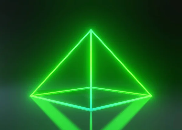 绿色的金字塔 由黑色背景上明亮的线条组成 3D渲染3D说明 — 图库照片