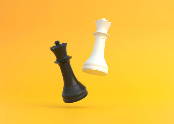现实的女王在明亮的黄色背景与复制空间 国际象棋棋子最小的创造性战斗概念 3D渲染3D示例 — 图库照片