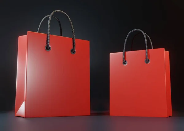黒の背景に空の赤い色のショッピングバッグ コピースペーステキスト 創造的なコンセプト 3Dレンダリング図 — ストック写真