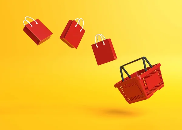 Latający Koszyk Zakupy Torbami Żółtym Tle Minimalistyczna Koncepcja Ilustracja Renderowania — Zdjęcie stockowe