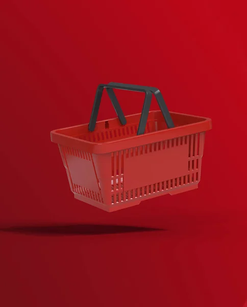 赤い背景に赤い空のショッピングバスケット飛んでいます 3Dレンダリング図 — ストック写真