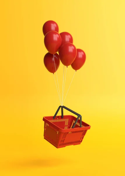 Πετώντας Καλάθι Αγορών Μπαλόνια Κίτρινο Φόντο Μινιμαλιστική Αντίληψη Καθιστούν Απεικόνιση — Φωτογραφία Αρχείου