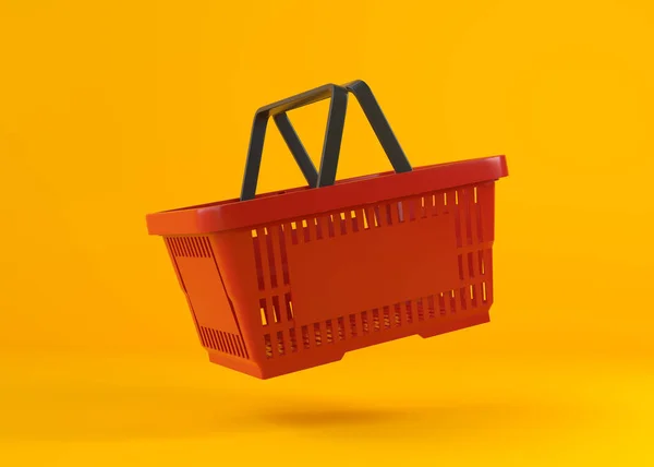 黄色の背景に赤い空のショッピングバスケット飛んで 3Dレンダリング図 — ストック写真