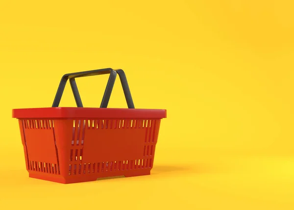 黄色の背景に赤い空のショッピングバスケット 3Dレンダリング図 — ストック写真