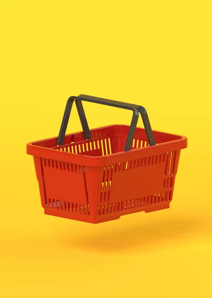 Latający Czerwony Pusty Koszyk Żółtym Tle Ilustracja Renderowania — Zdjęcie stockowe