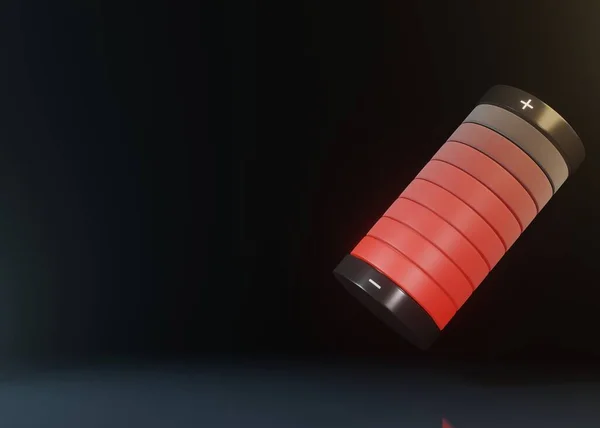 黒色の背景に輝く赤色の光が絶縁された低充電バッテリ 3Dレンダリングイラスト — ストック写真