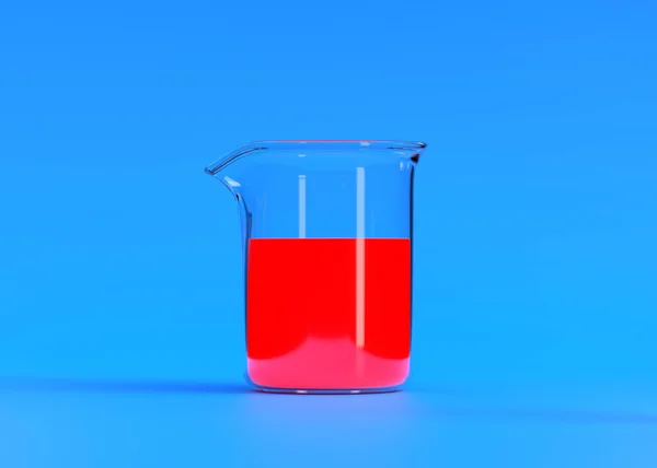 Beaker Con Líquido Rojo Sobre Fondo Azul Matraz Químico Cristalería — Foto de Stock