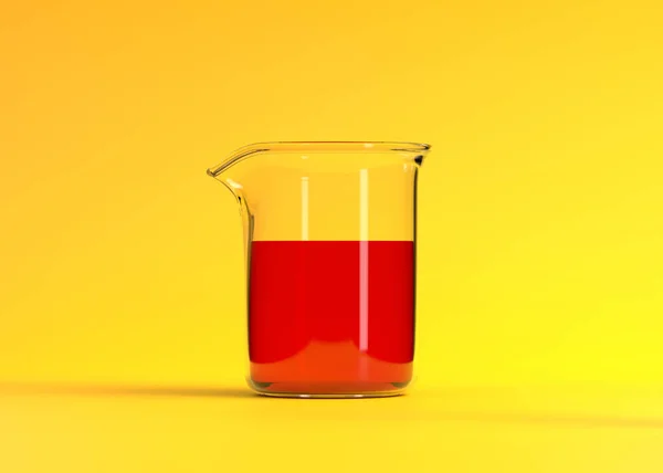 黄底上有红色液体的波克尔 化学瓶 实验室玻璃器皿 最小的概念 3D渲染说明 — 图库照片