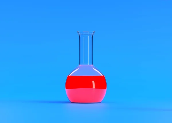 红色液体在蓝色背景上飞舞的瓶 化学瓶 实验室玻璃器皿 最小的概念 3D渲染说明 — 图库照片