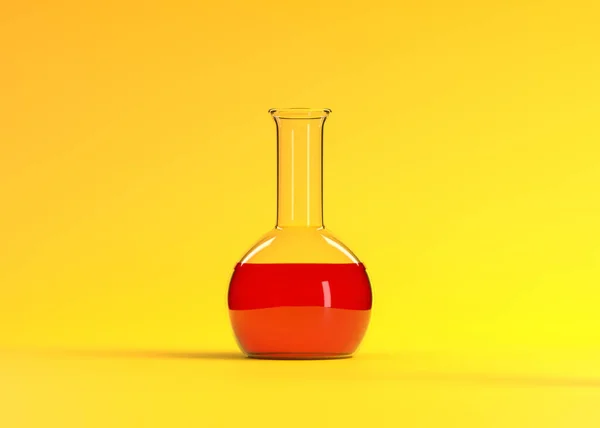 Baňka Červenou Tekutinou Žlutém Pozadí Chemická Baňka Laboratorní Sklo Vybavení — Stock fotografie