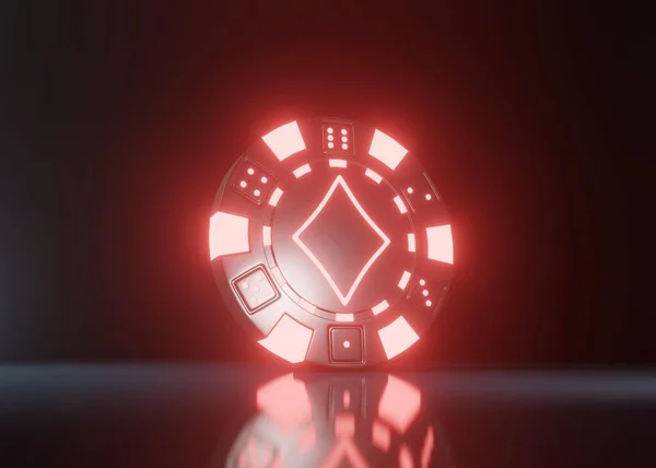 Casino Chips Mit Futuristisch Leuchtenden Neonroten Lichtern Und Diamanten Symbol — Stockfoto