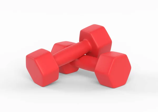 Två Röda Gummi Eller Plastbelagda Fitnesshantlar Isolerade Vit Bakgrund Sportutrustning — Stockfoto