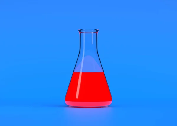 Erlenmeyerova Baňka Červenou Tekutinou Modrém Pozadí Chemická Baňka Laboratorní Sklo — Stock fotografie