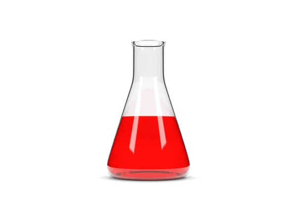 艾伦迈耶瓶 红色液体隔离在白色背景 化学瓶 实验室玻璃器皿 最小的概念 3D渲染说明 — 图库照片