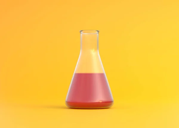 Erlenmeyer Lombik Piros Folyadékkal Sárga Alapon Kémiai Flaska Laboratóriumi Üvegedények — Stock Fotó