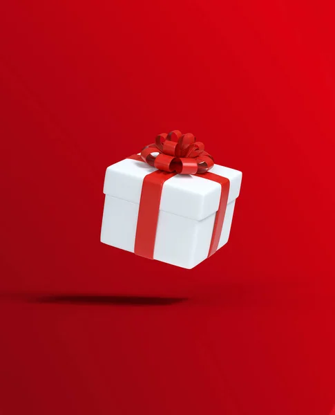 Bílá Dárková Krabice Červenou Stuhou Létat Červeném Pozadí Minimální Vánoční — Stock fotografie